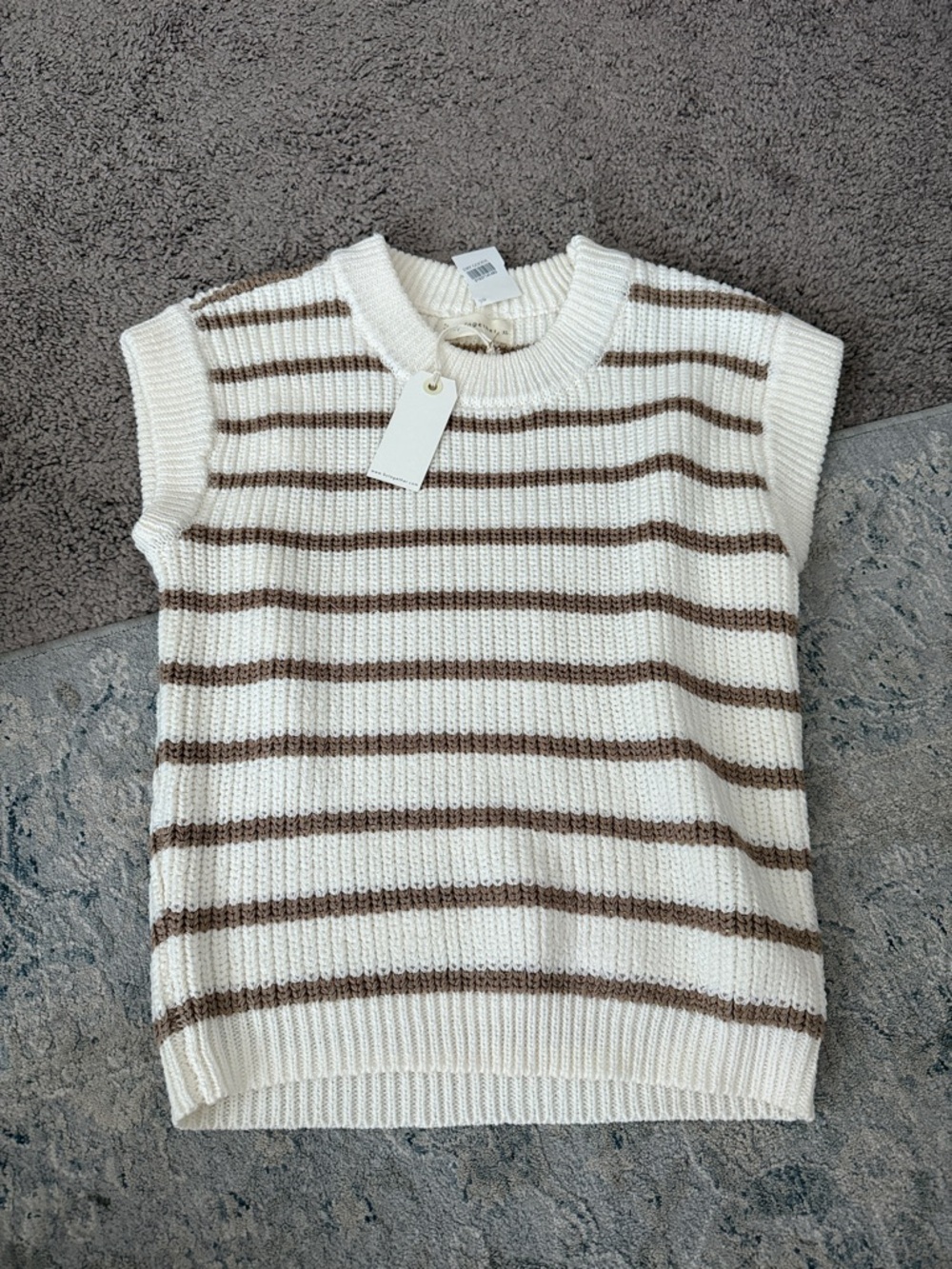 Cream & Brown Striped Knit Sleeveless Sweater
